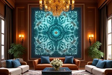 Une tenture murale imposante dans un grand salon haussmannien, présentant un tissage complexe et des fibres lumineuses intégrées, créant une ambiance sophistiquée et chaleureuse, illustration d'un projet de décoration intérieure par Artisanat Pixel.